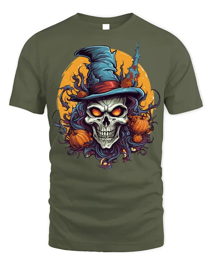 Evil Witch Skull Pumpkin Moon Halloween T-Shirt - military green t-shirt on white background
