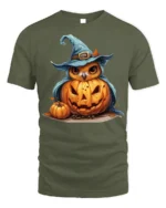 Halloween Owl with Pumpkin Witch Hat T-Shirt - military green t-shirt on white background