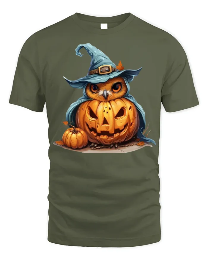 Halloween Owl with Pumpkin Witch Hat T-Shirt - military green t-shirt on white background