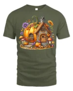 Whimsical Pumpkin Cottage Autumn T-Shirt - military green t-shirt on white background