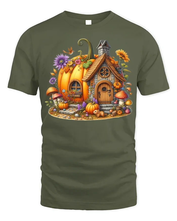 Whimsical Pumpkin Cottage Autumn T-Shirt - military green t-shirt on white background