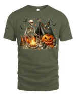 Skeleton Pumpkin Campfire Halloween T-Shirt - military green t-shirt on white background