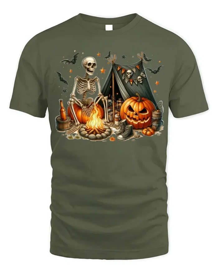 Skeleton Pumpkin Campfire Halloween T-Shirt - military green t-shirt on white background