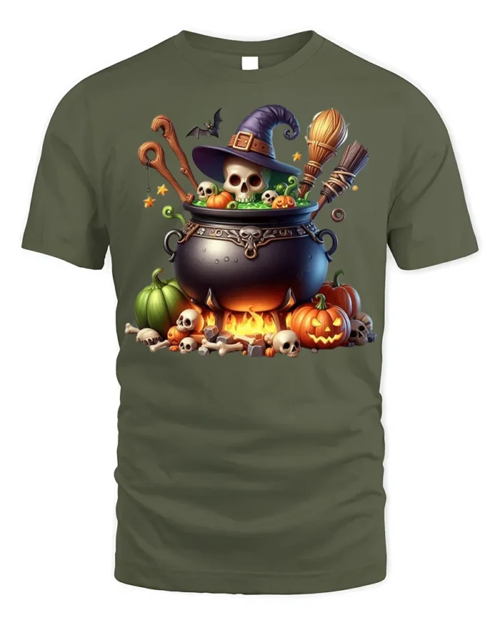 Spooky Witch Cauldron Halloween T-Shirt - military green t-shirt on white background