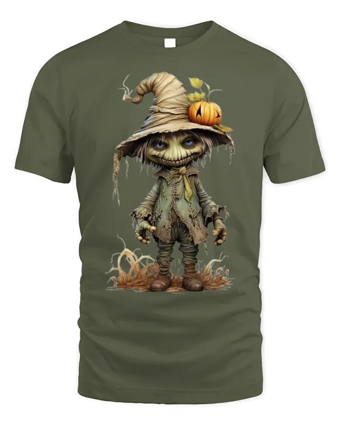 Creepy Pumpkin Head Scarecrow Halloween T-Shirt - military green t-shirt on white background