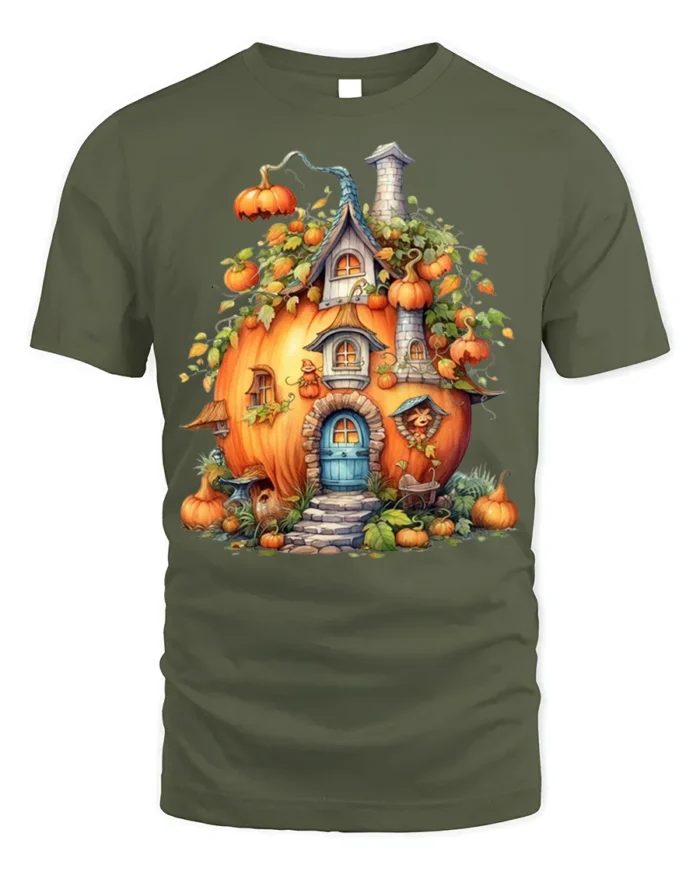 Whimsical Pumpkin House Autumn Harvest T-Shirt - military green t-shirt on white background