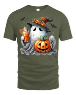 Cute Ghost Pumpkin Drink Halloween T-Shirt - military green t-shirt on white background