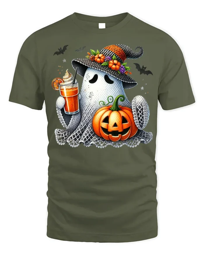 Cute Ghost Pumpkin Drink Halloween T-Shirt - military green t-shirt on white background