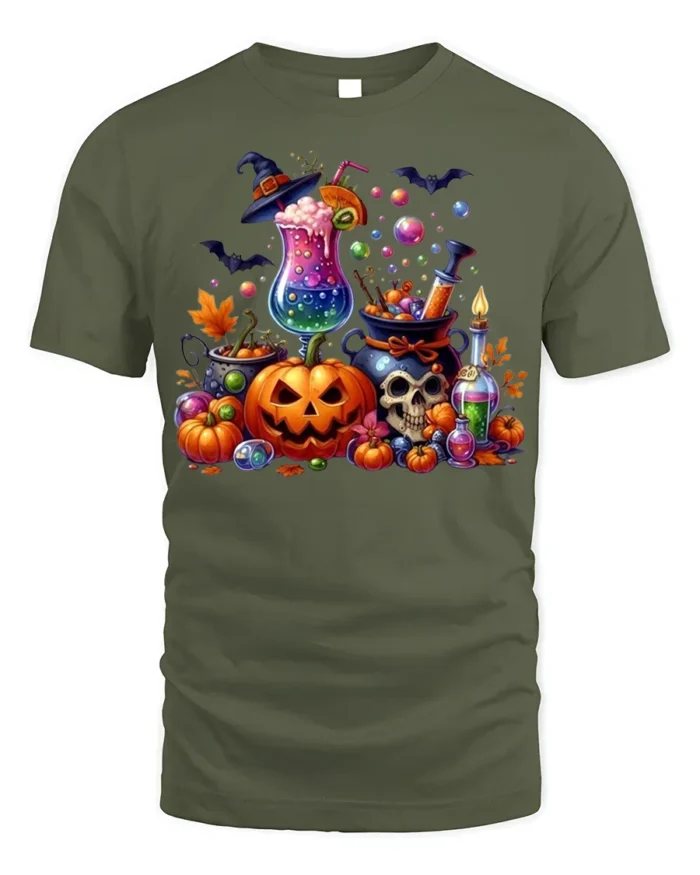 Colorful Halloween Potion and Pumpkin T-Shirt - military green t-shirt on white background