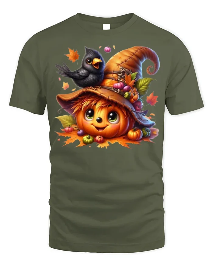 Cute Pumpkin Crow Autumn Harvest T-Shirt - military green t-shirt on white background