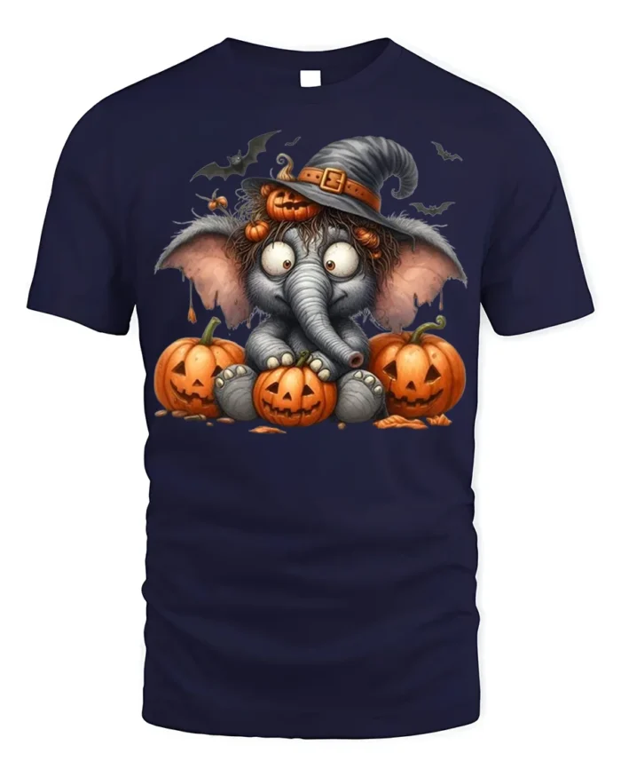 Cute Halloween Elephant Pumpkin T-Shirt - navy t-shirt on white background