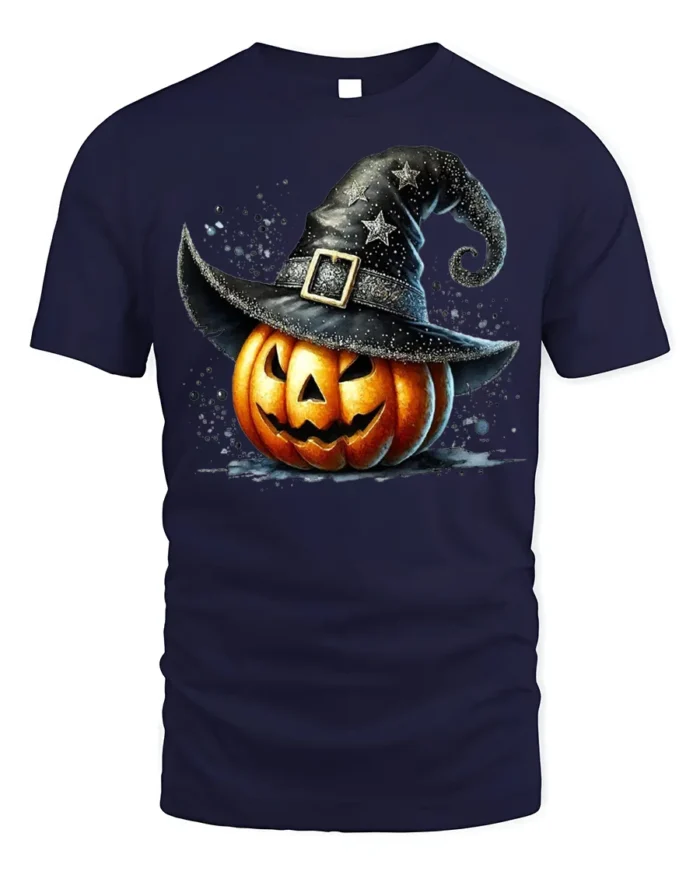 Witch Hat Jack-O’-Lantern Halloween T-Shirt - navy t-shirt on white background