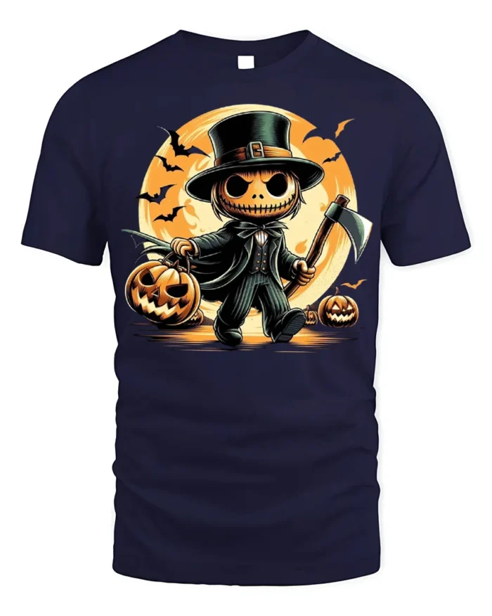 Pumpkin Head Axe Halloween Moonlight T-Shirt - navy t-shirt on white background