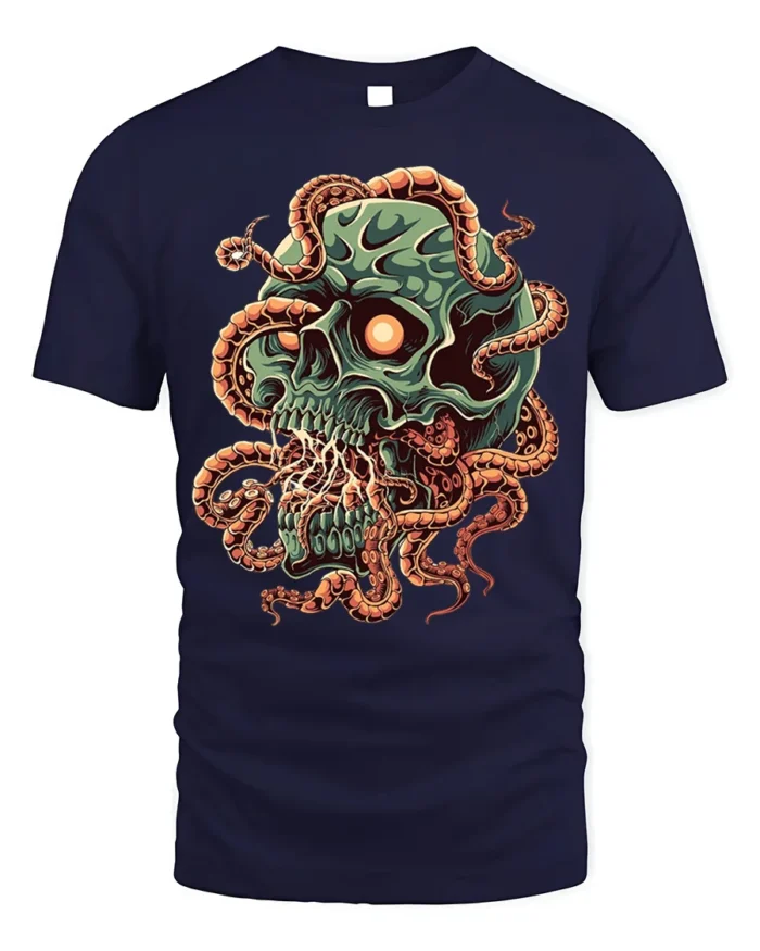 Green Skull Tentacle Horror Halloween T-Shirt - navy t-shirt on white background