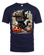 Cute Black Cat Witch Halloween Pumpkin T-Shirt - navy t-shirt on white background