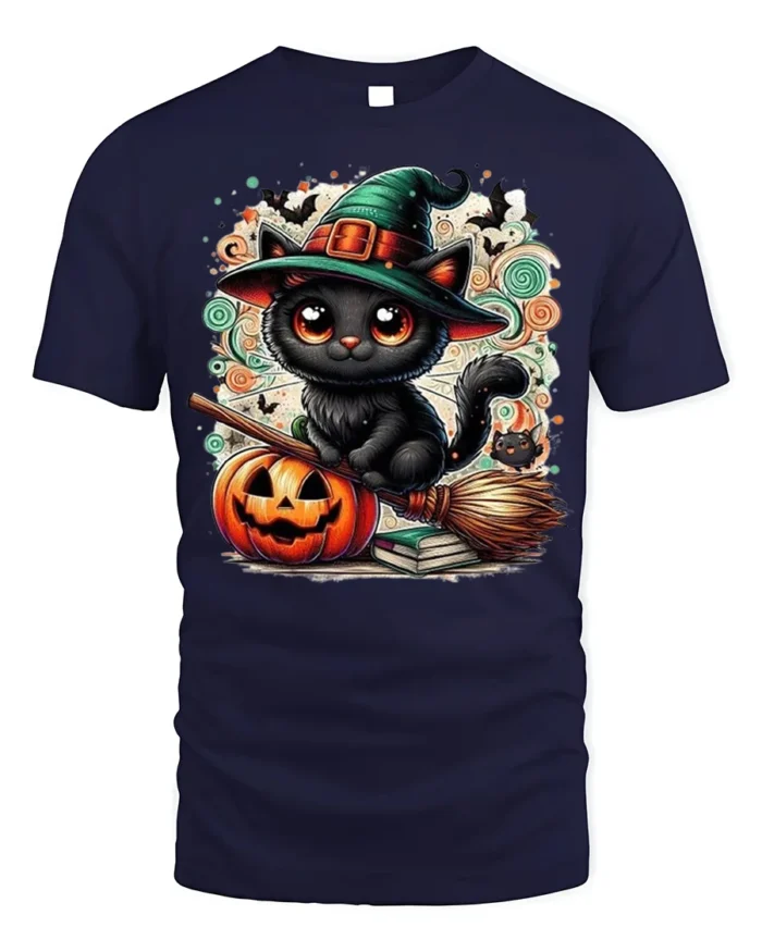 Cute Black Cat Witch Halloween Pumpkin T-Shirt - navy t-shirt on white background