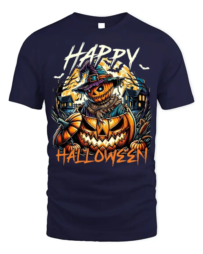 Creepy Pumpkin Scarecrow Happy Halloween T-Shirt - navy t-shirt on white background