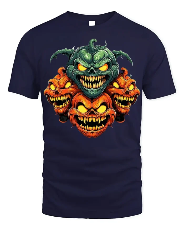 Evil Multi-Headed Pumpkin Monster T-Shirt - navy t-shirt on white background