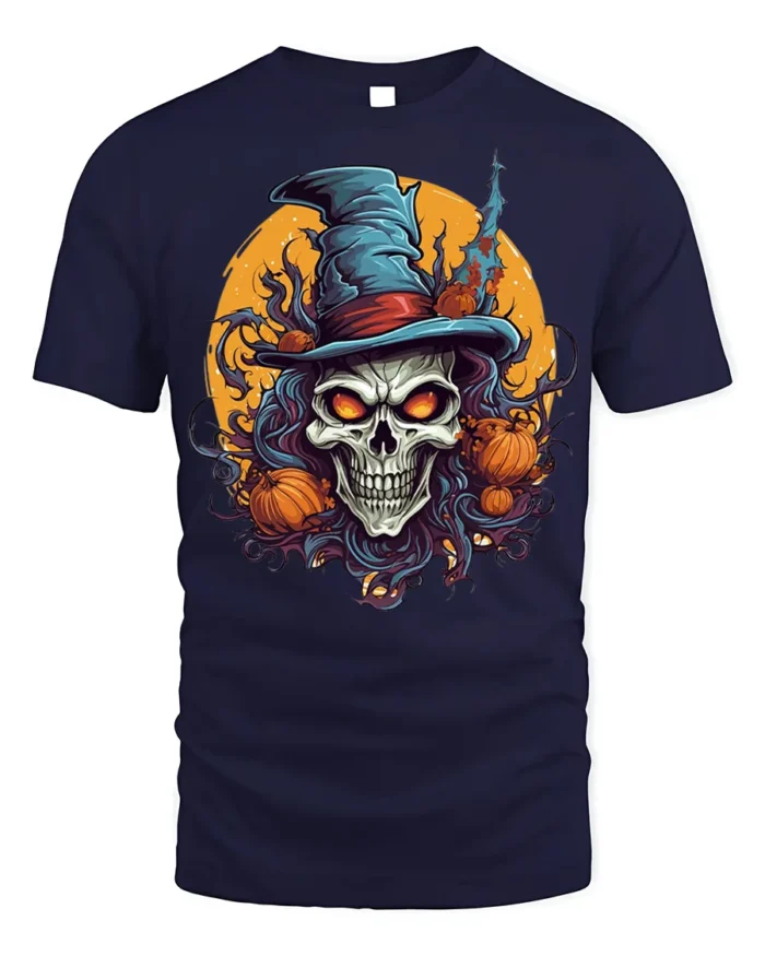 Evil Witch Skull Pumpkin Moon Halloween T-Shirt - navy t-shirt on white background