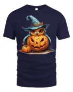 Halloween Owl with Pumpkin Witch Hat T-Shirt - navy t-shirt on white background