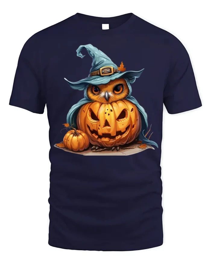 Halloween Owl with Pumpkin Witch Hat T-Shirt - navy t-shirt on white background