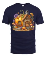 Whimsical Pumpkin Cottage Autumn T-Shirt - navy t-shirt on white background