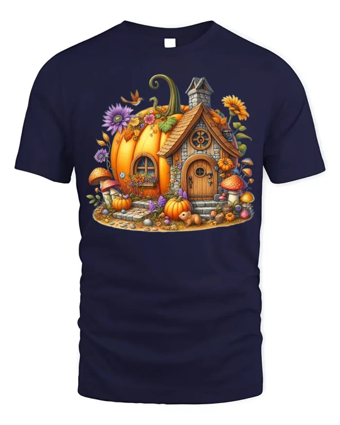 Whimsical Pumpkin Cottage Autumn T-Shirt - navy t-shirt on white background