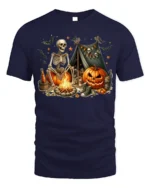 Skeleton Pumpkin Campfire Halloween T-Shirt - navy t-shirt on white background
