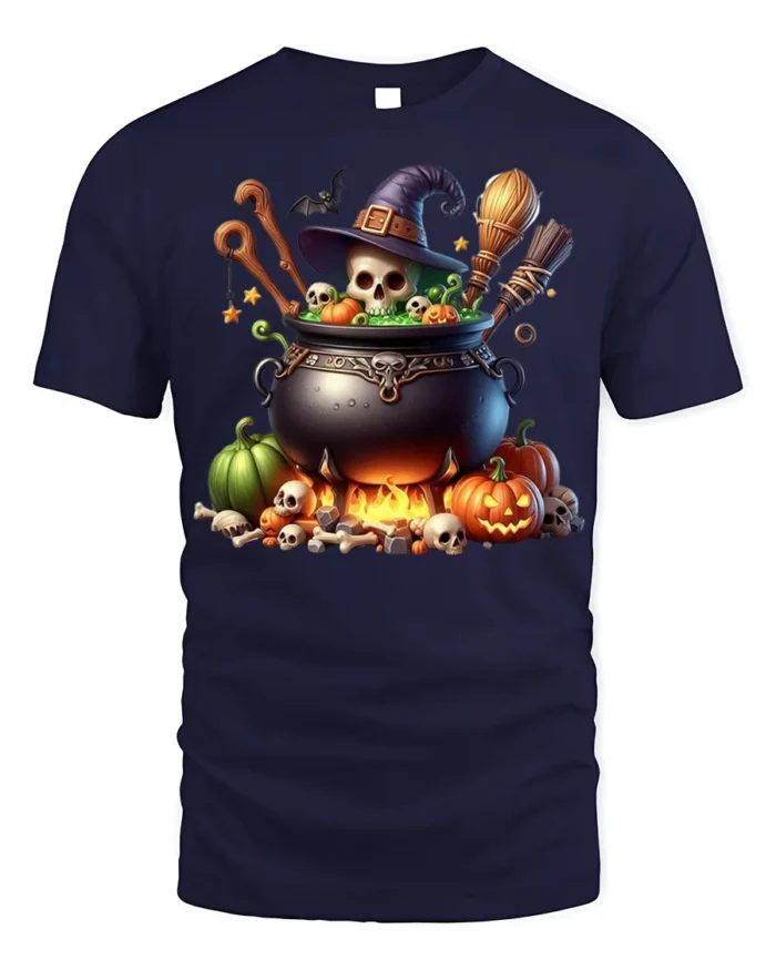 Spooky Witch Cauldron Halloween T-Shirt - navy t-shirt on white background