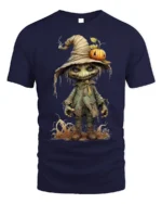 Creepy Pumpkin Head Scarecrow Halloween T-Shirt - navy t-shirt on white background