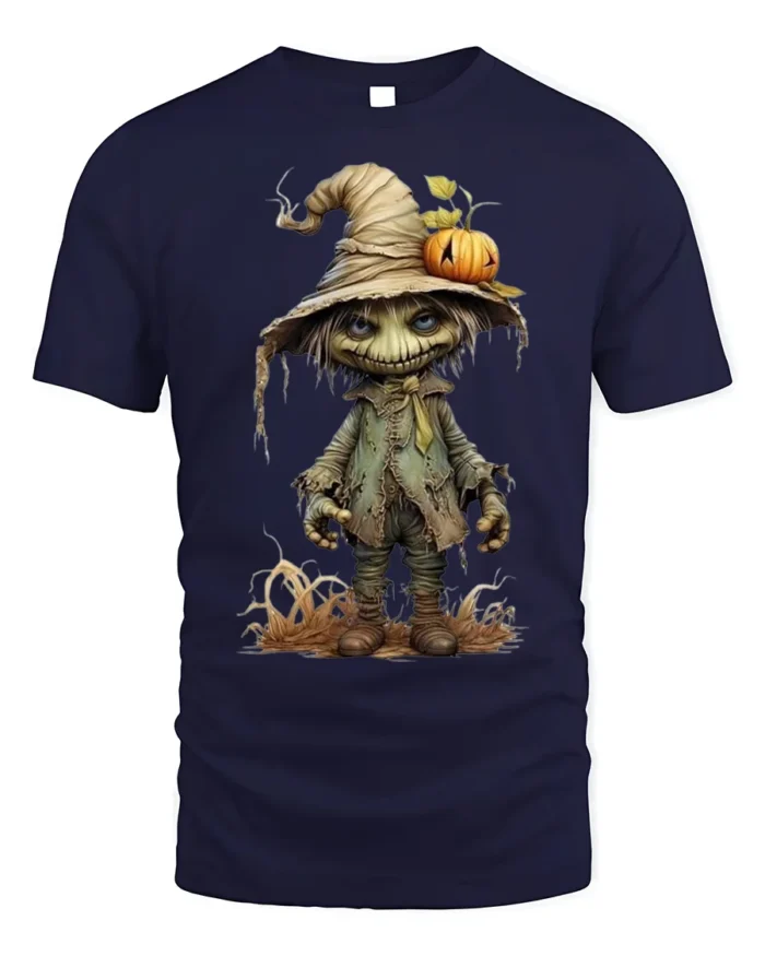 Creepy Pumpkin Head Scarecrow Halloween T-Shirt - navy t-shirt on white background