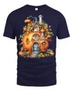 Whimsical Pumpkin House Autumn Harvest T-Shirt - navy t-shirt on white background