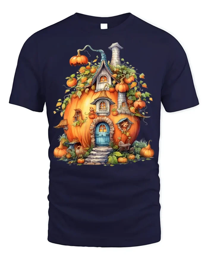 Whimsical Pumpkin House Autumn Harvest T-Shirt - navy t-shirt on white background