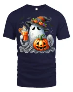 Cute Ghost Pumpkin Drink Halloween T-Shirt - navy t-shirt on white background
