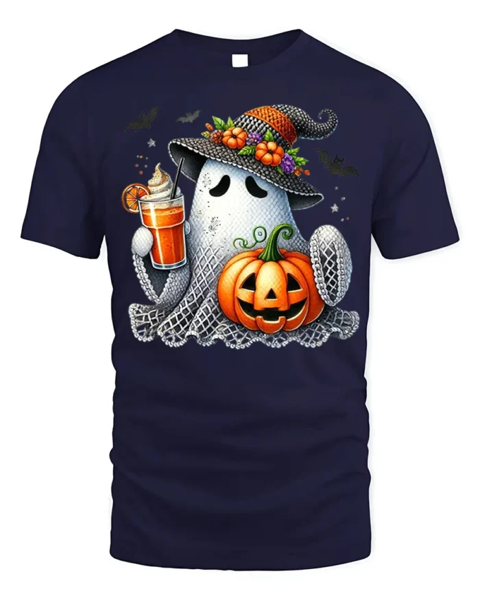 Cute Ghost Pumpkin Drink Halloween T-Shirt - navy t-shirt on white background