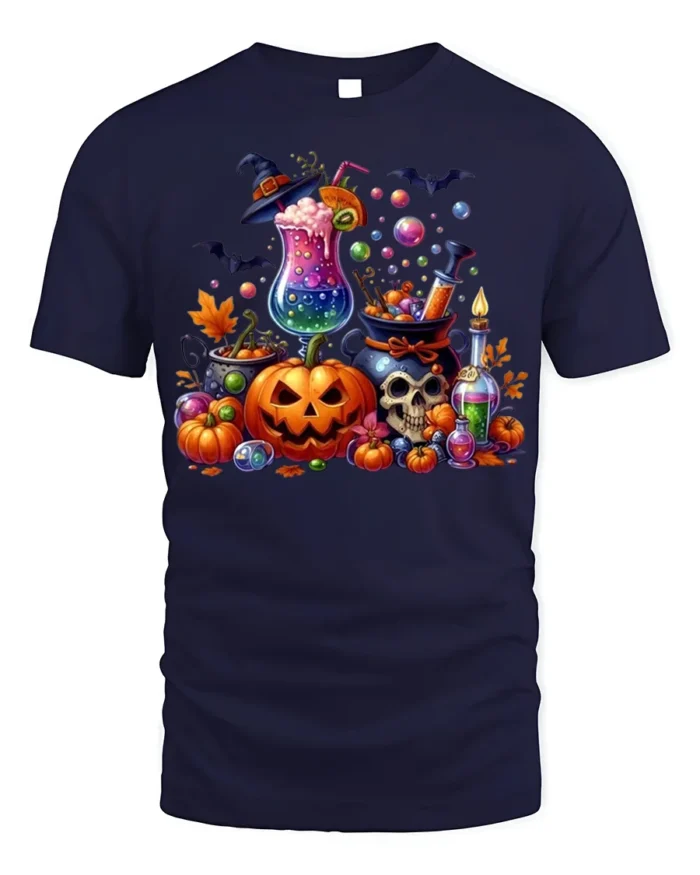Colorful Halloween Potion and Pumpkin T-Shirt - navy t-shirt on white background