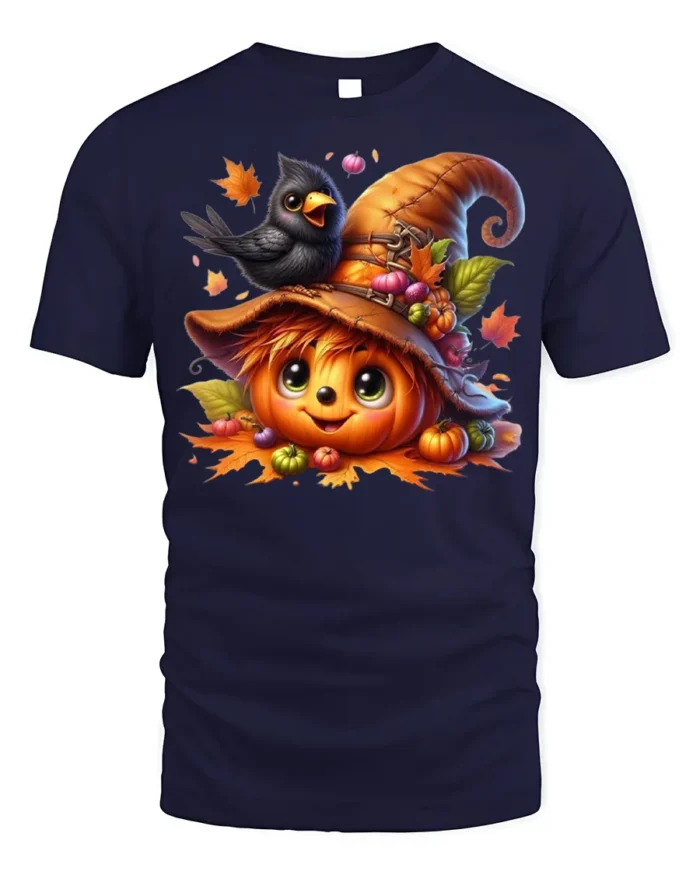 Cute Pumpkin Crow Autumn Harvest T-Shirt - navy t-shirt on white background