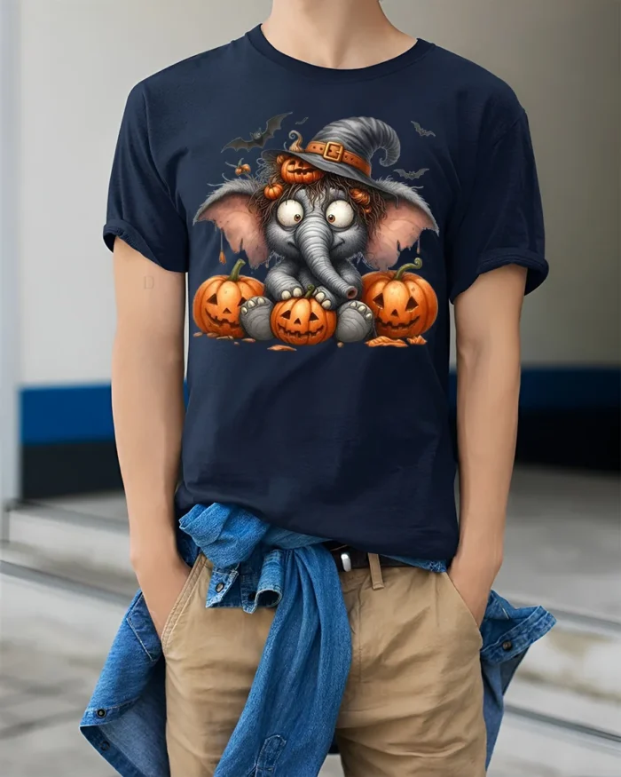 Cute Halloween Elephant Pumpkin T-Shirt - model wearing navy shirt, hands in pockets