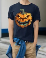 Scary Evil Grinning Pumpkin Halloween T-Shirt - model wearing navy shirt, hands in pockets