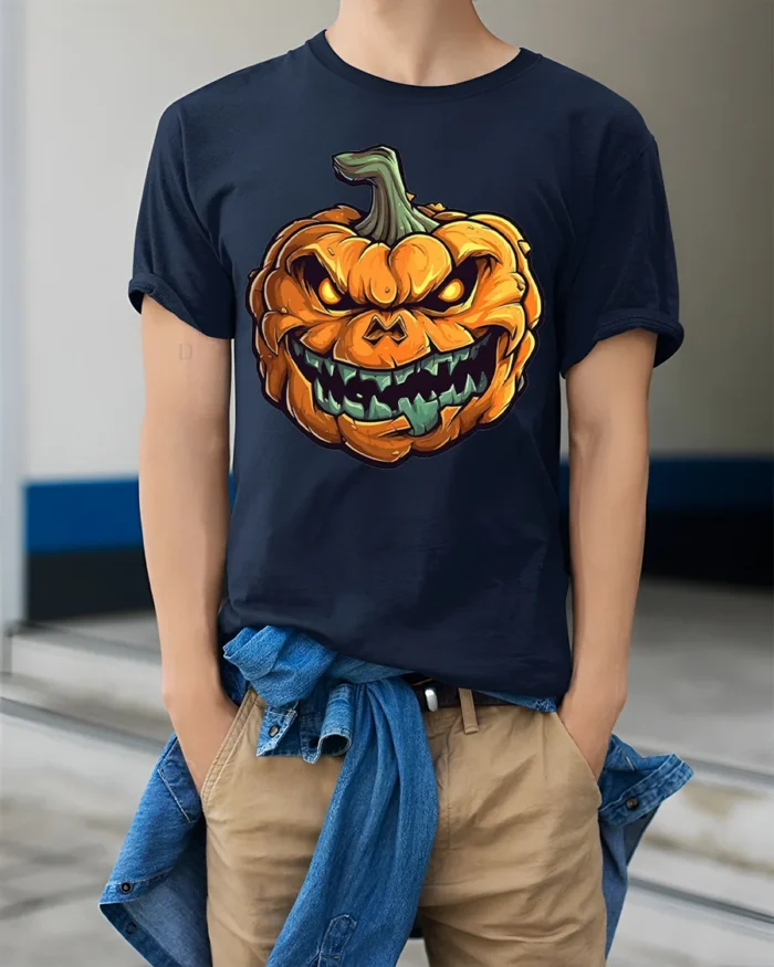 Scary Evil Grinning Pumpkin Halloween T-Shirt - model wearing navy shirt, hands in pockets