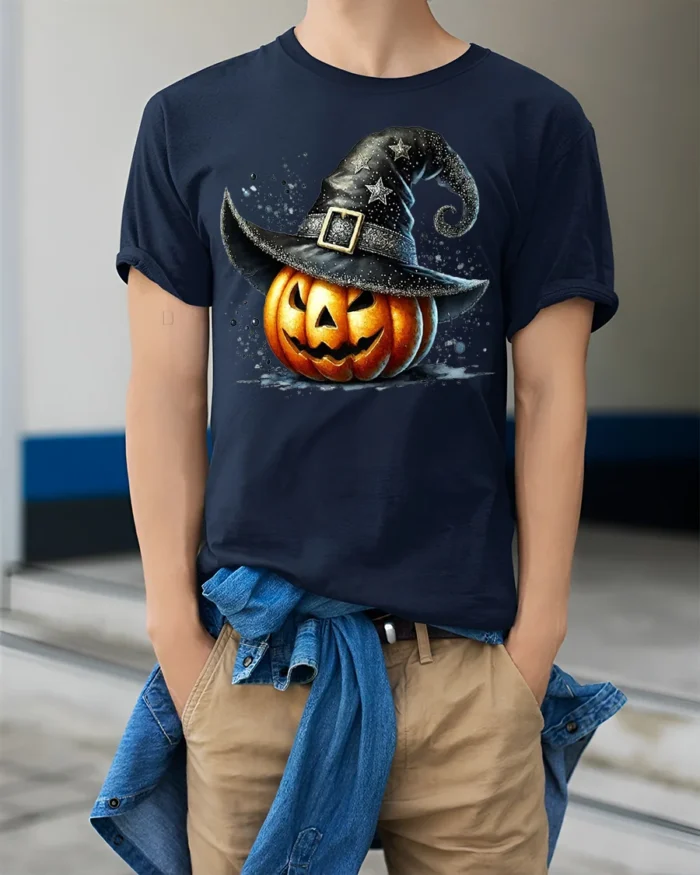Witch Hat Jack-O’-Lantern Halloween T-Shirt - model wearing navy shirt, hands in pockets