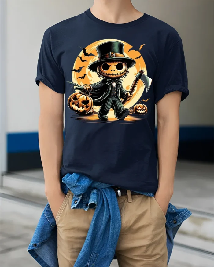 Pumpkin Head Axe Halloween Moonlight T-Shirt - model wearing navy shirt, hands in pockets