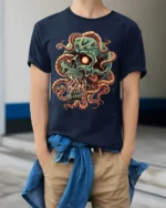 Green Skull Tentacle Horror Halloween T-Shirt - model wearing navy shirt, hands in pockets