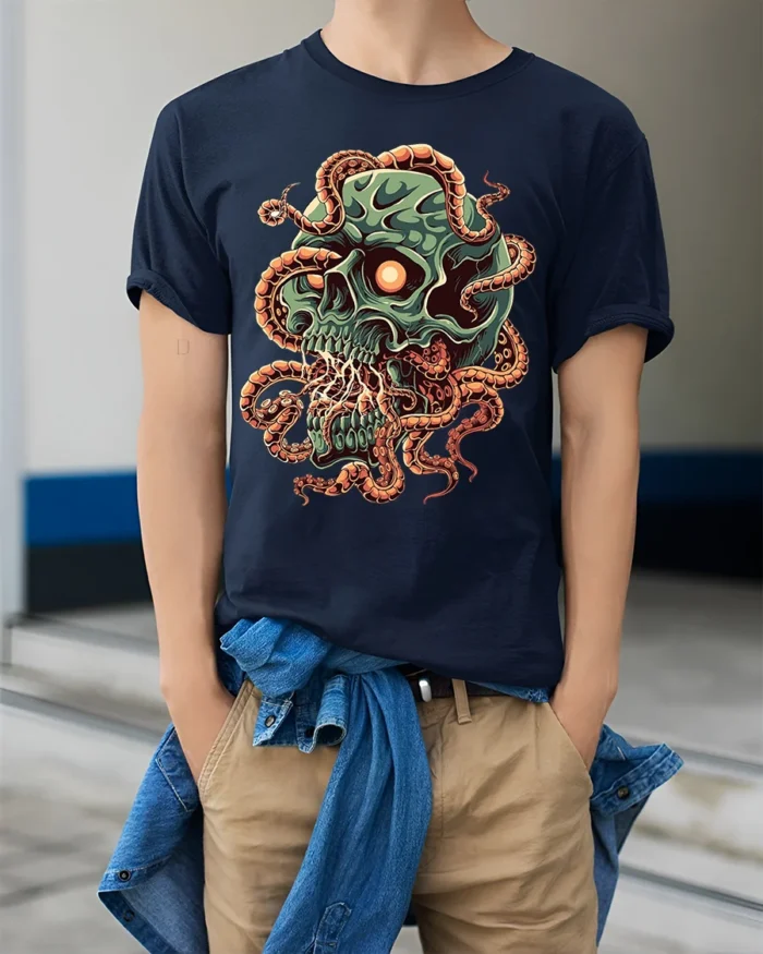 Green Skull Tentacle Horror Halloween T-Shirt - model wearing navy shirt, hands in pockets