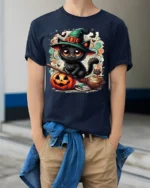 Cute Black Cat Witch Halloween Pumpkin T-Shirt - model wearing navy shirt, hands in pockets