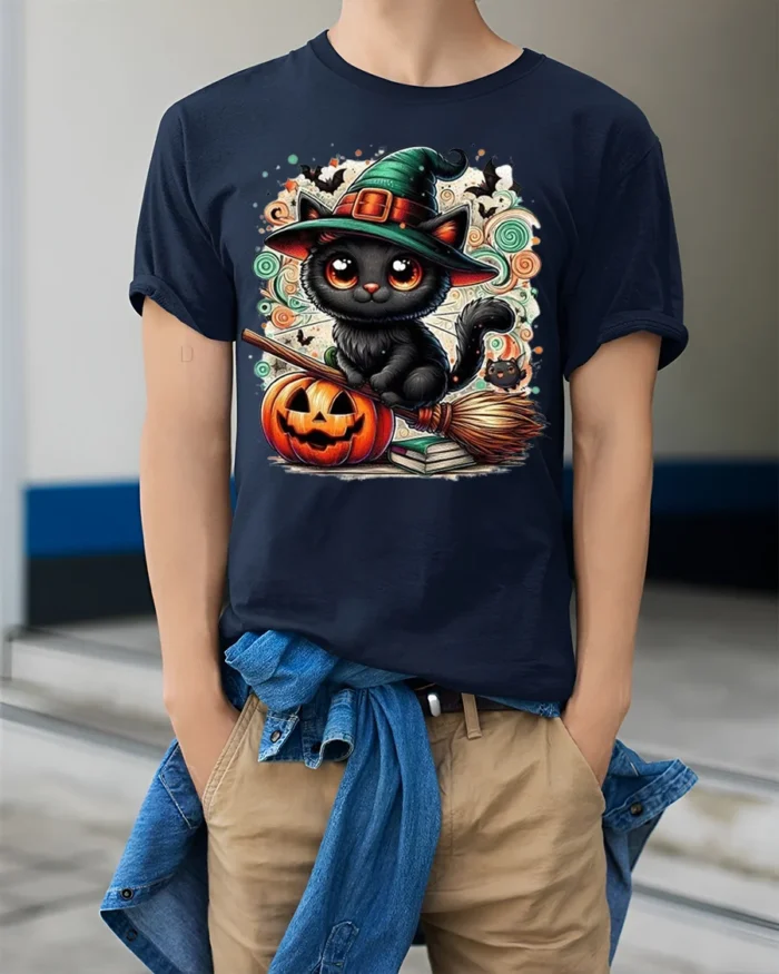 Cute Black Cat Witch Halloween Pumpkin T-Shirt - model wearing navy shirt, hands in pockets