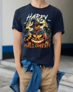Creepy Pumpkin Scarecrow Happy Halloween T-Shirt - model wearing navy shirt, hands in pockets