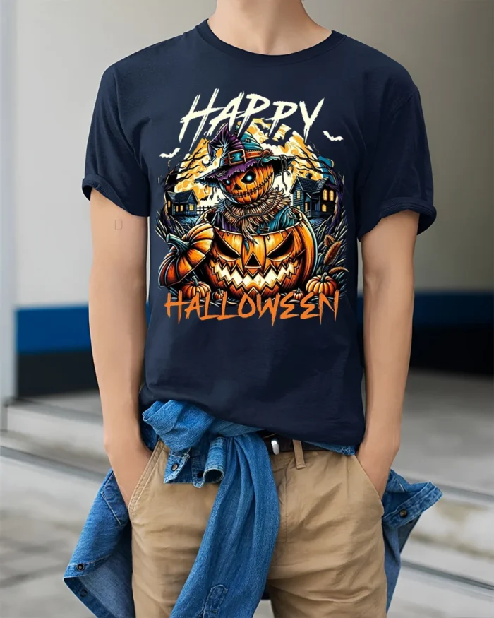 Creepy Pumpkin Scarecrow Happy Halloween T-Shirt - model wearing navy shirt, hands in pockets