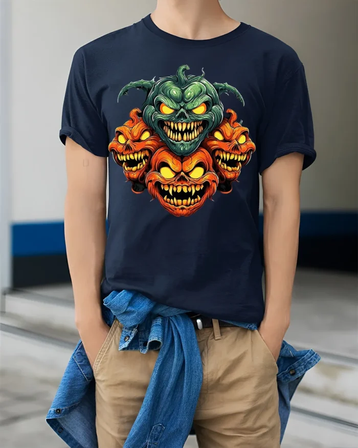 Evil Multi-Headed Pumpkin Monster T-Shirt - model wearing navy shirt, hands in pockets