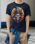 Evil Witch Skull Pumpkin Moon Halloween T-Shirt - model wearing navy shirt, hands in pockets